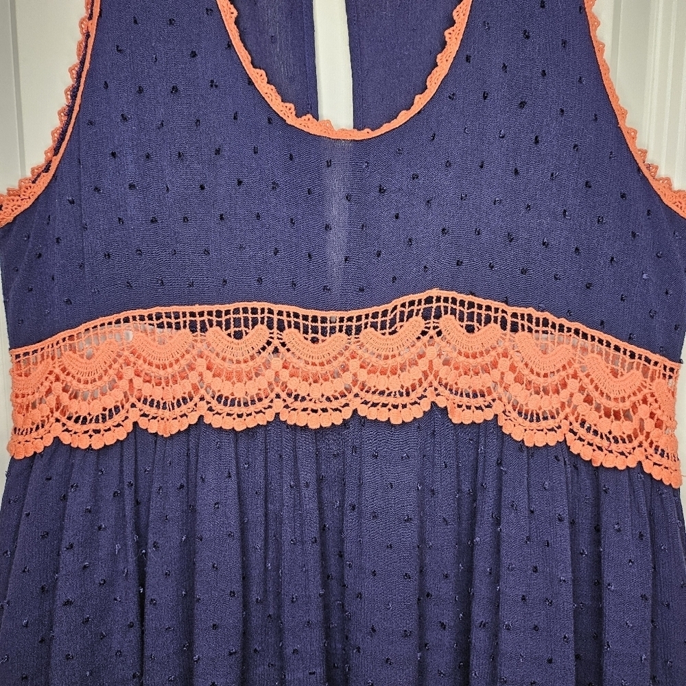 Umgee Navy Swiss Dot Babydoll Dress Coral Lace Empire Waist Boho M Summer - Picture 3 of 11